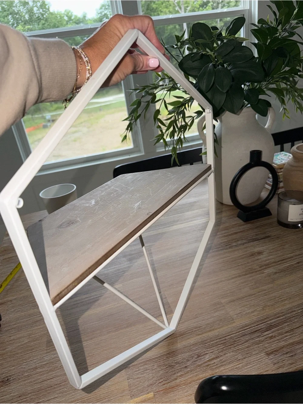 White Hexagon Wall Shelf with Wood Accent - Home Wall Decor